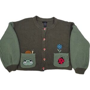 Hot Topic Sweet Society Cardigan Sweater XL Green Frog Mushroom Cottagecore